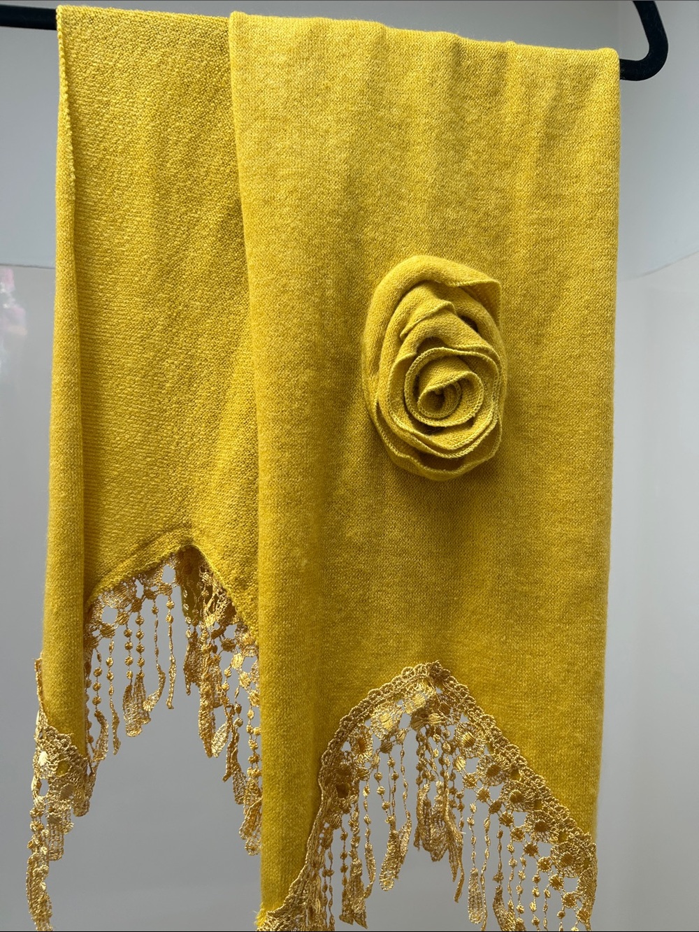 Mustard Yellow Fringe Scarf with Rose Accent